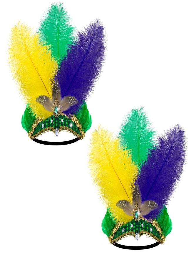Wehhbtye 2Pcs Large Mardi Gras Feather Headband, Purple Yellow Green Masquerade Headdress, Colorful Flapper Party Headwear with Sequins for Women Girls Parade Costume Cocktail Party Supplies - Image 1